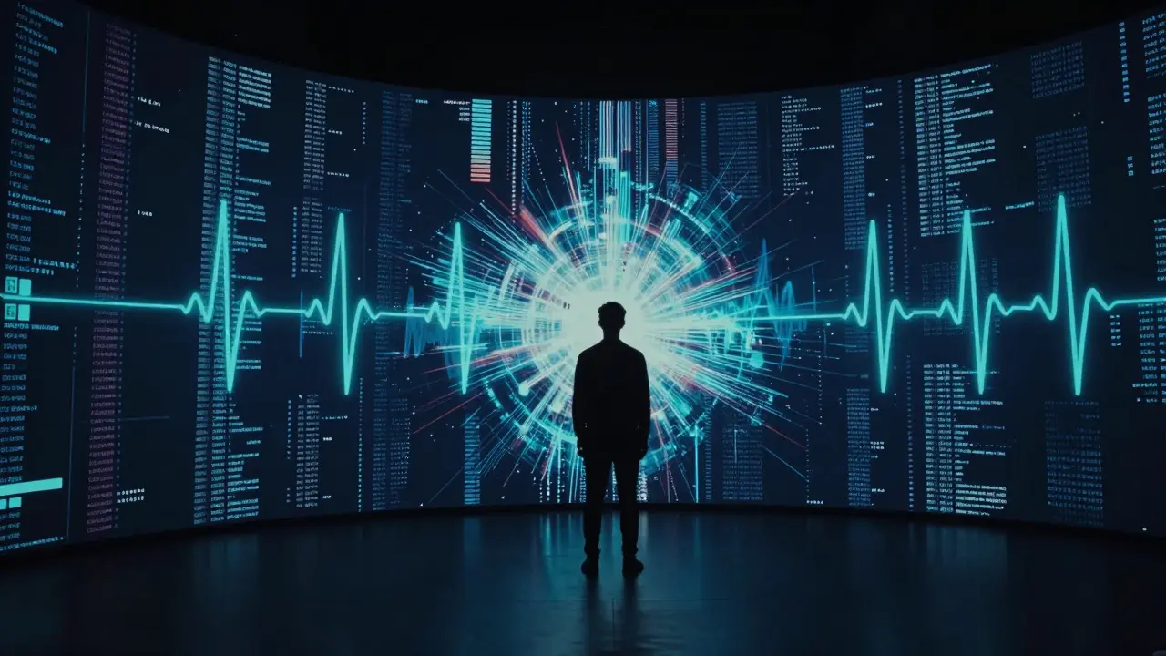 An immersive data-driven light installation where a person's silhouette merges with flowing digital streams.