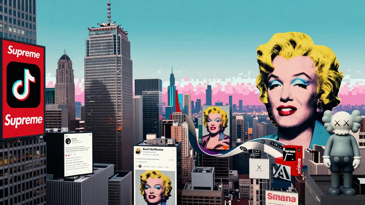 Cityscape merging ads, social media, and pop art icons into a digital collage.