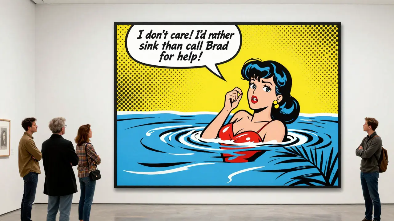 Comic-style painting of a drowning girl with bold dots and speech bubble in a gallery.