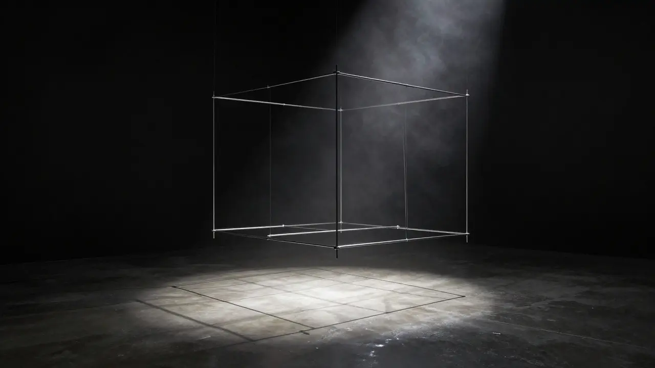 Gabo's transparent nylon and metal sculpture suspended in a dark studio, lit by a single spotlight.