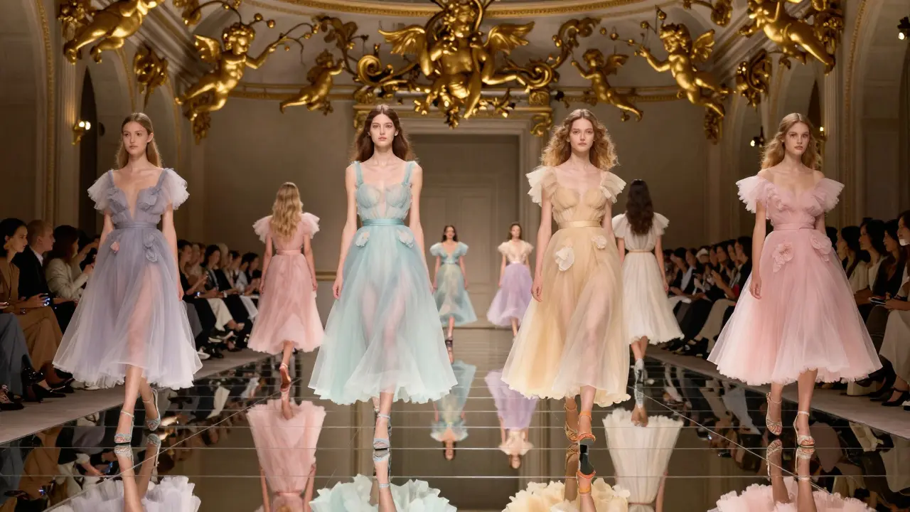 Models in pastel gowns walking on a mirrored runway under gilded floral ceiling motifs.