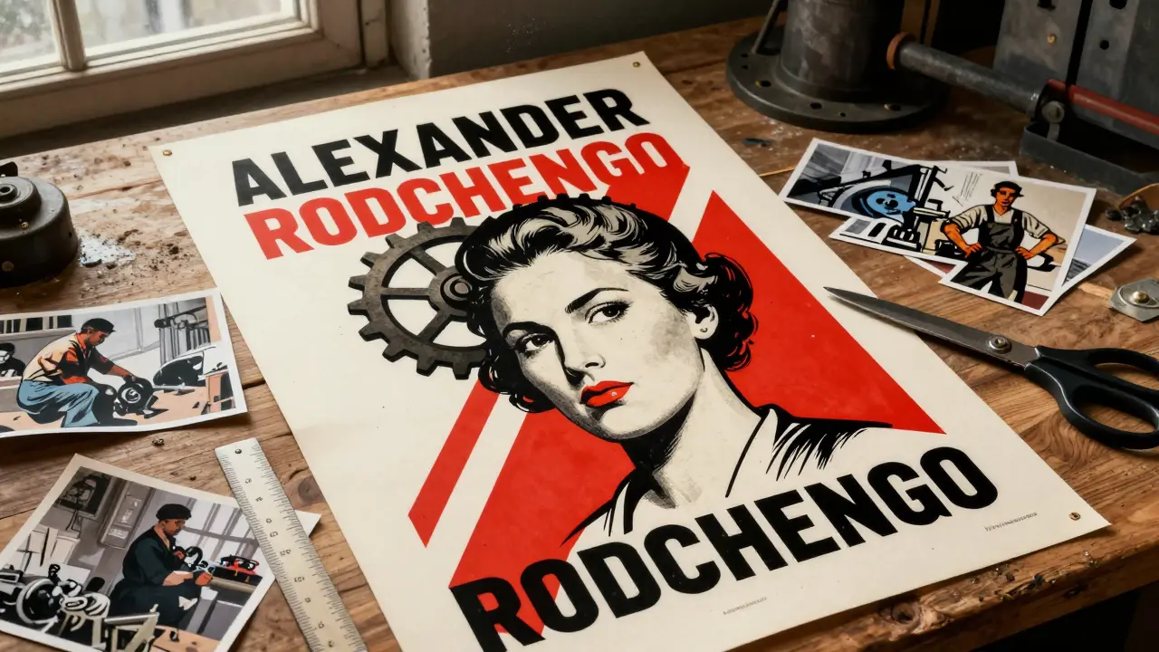 Rodchenko creating a revolutionary poster with geometric typography and photomontage on a wooden table.