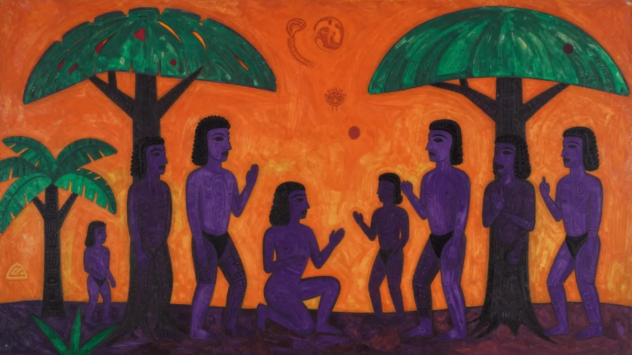 Tahitian figures with purple skin under an orange sky, painted with bold outlines and flat colors.