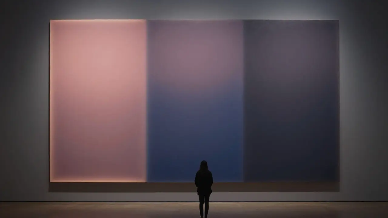 Three glowing vertical color fields in soft red, blue, and black, radiating quiet light.