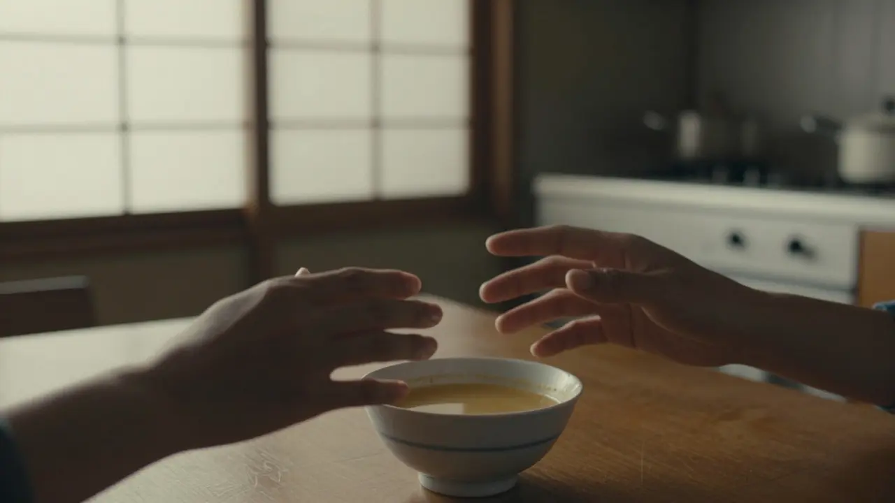 Two hands almost touching across a kitchen table, morning light filtering through paper screens.