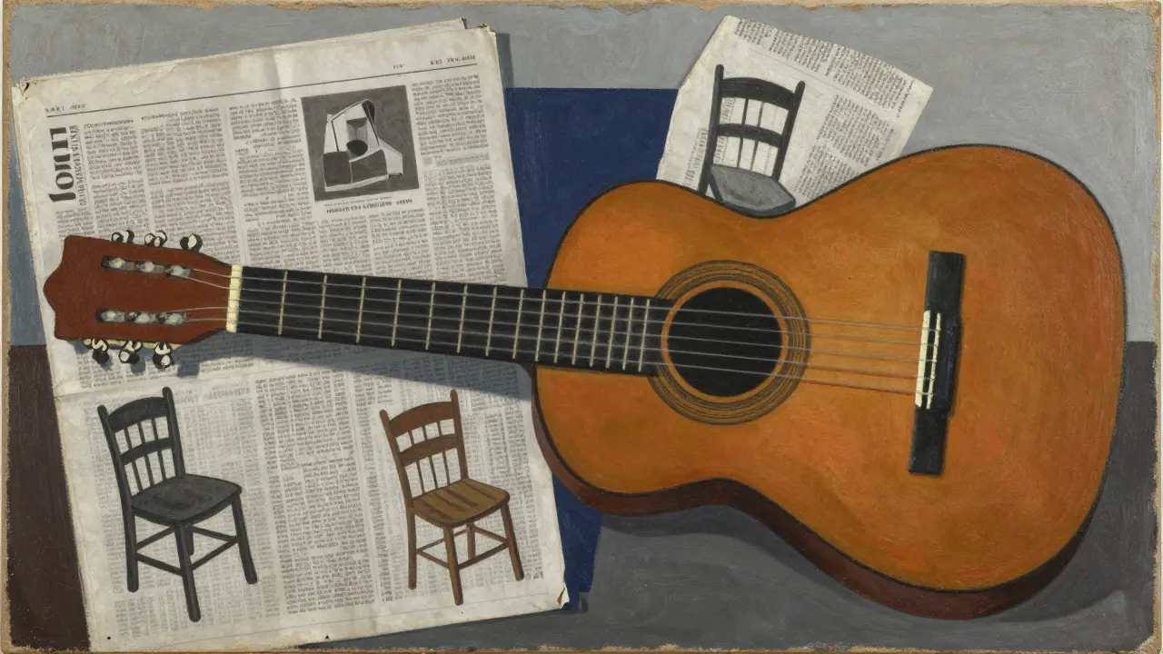 A collage of painted and real materials—newspaper, fabric, and guitar—blurring art and reality.