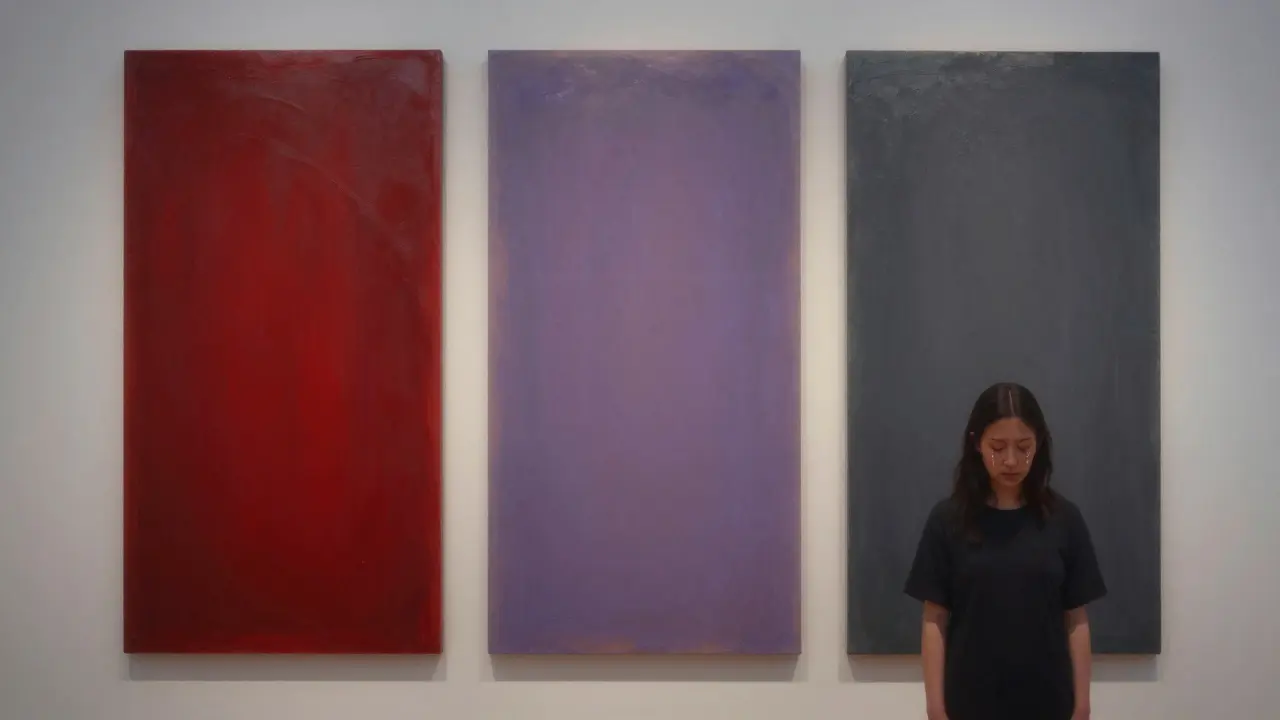 A serene viewer standing before a large abstract painting of glowing color rectangles, deeply moved.