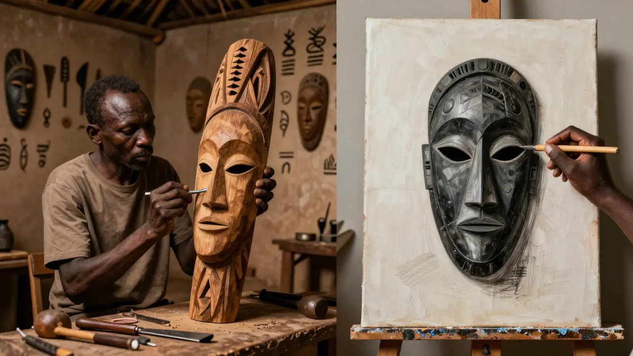African sculptor carving a ritual mask beside Picasso copying its form in his studio, contrasting light and context.