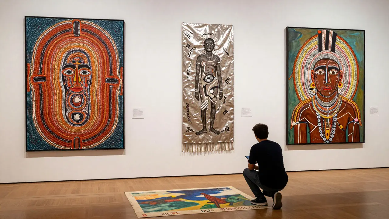 Contemporary Aboriginal and African artworks in a modern gallery, labeled with ancestral stories, beside a discarded colonial postcard.