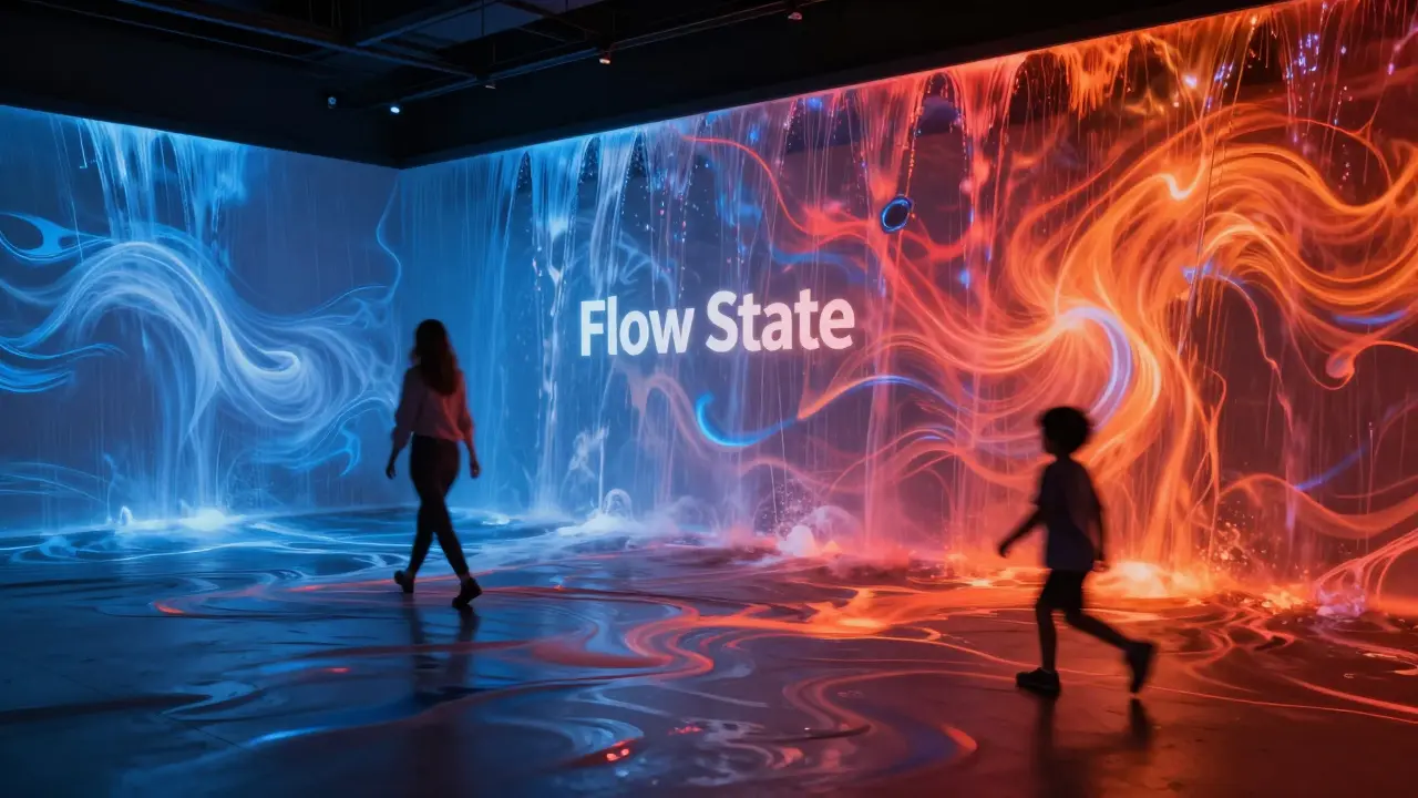 Interactive water projections on a wall changing from calm to chaotic based on viewer movement.
