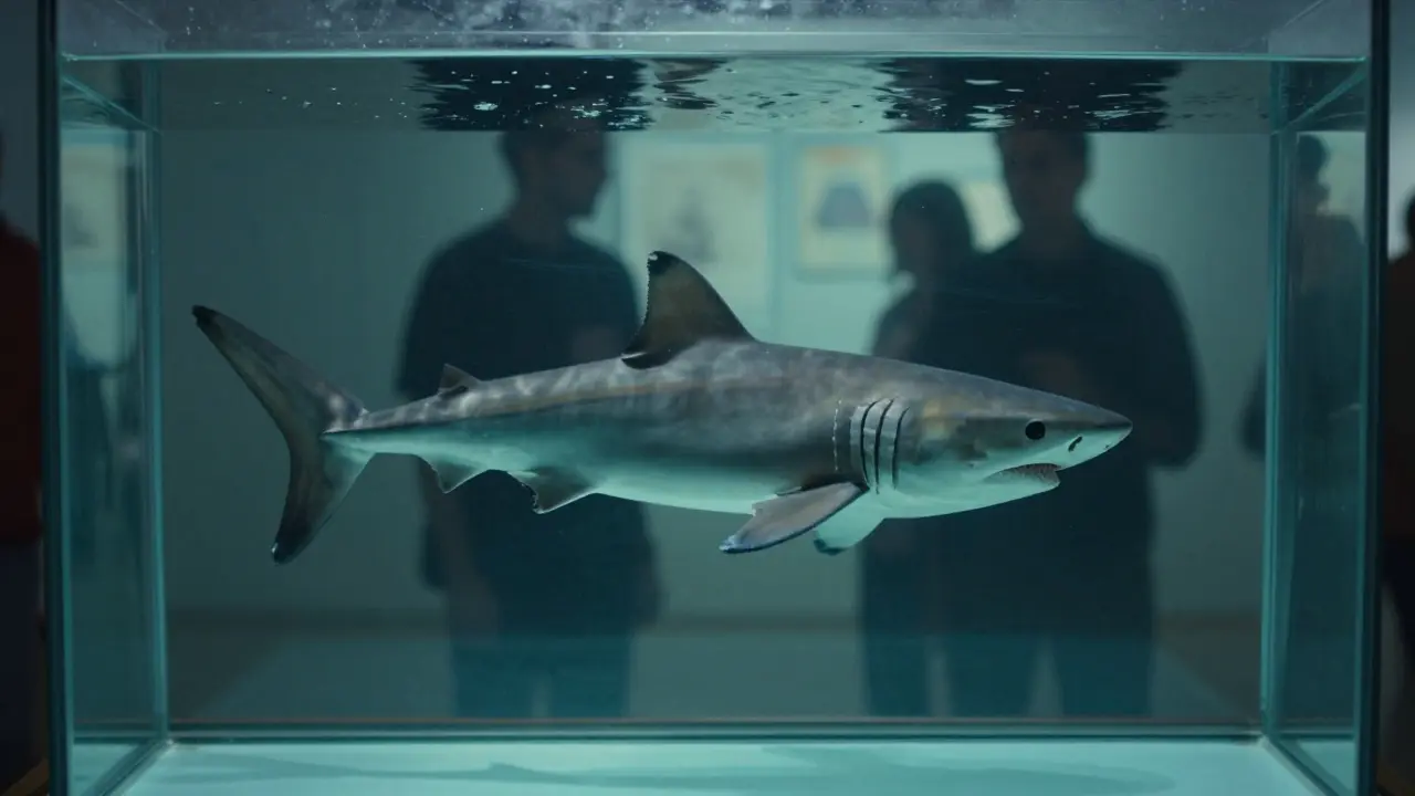 Shark in formaldehyde tank with blurred viewer reflections.