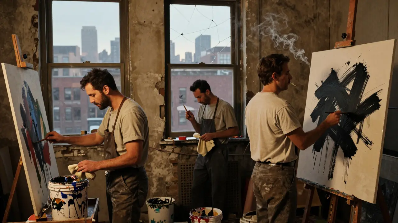 Three artists working in a 1940s New York studio, each using distinct methods to create abstract expressionist art.