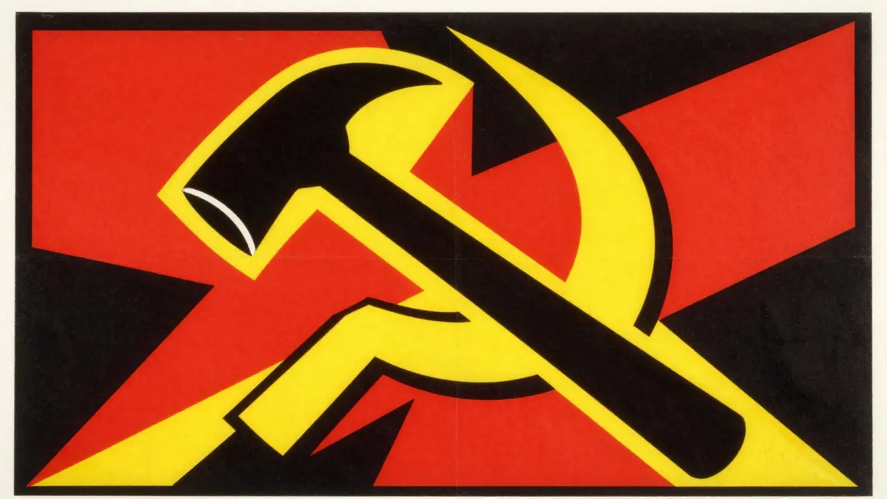 A bold red and yellow geometric poster with a hammer and sickle slicing through a black background, no text.