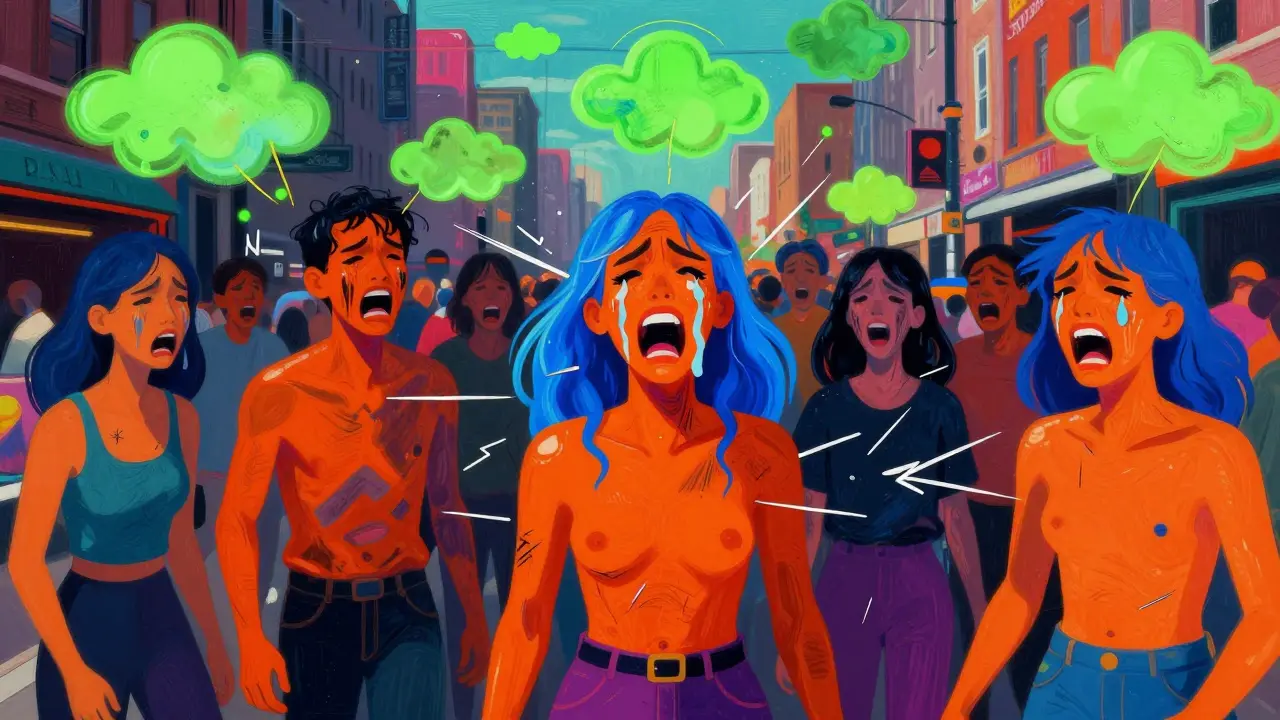 A crowd of abstract, color-distorted figures in a neon-lit street, each expressing raw emotion through twisted forms.