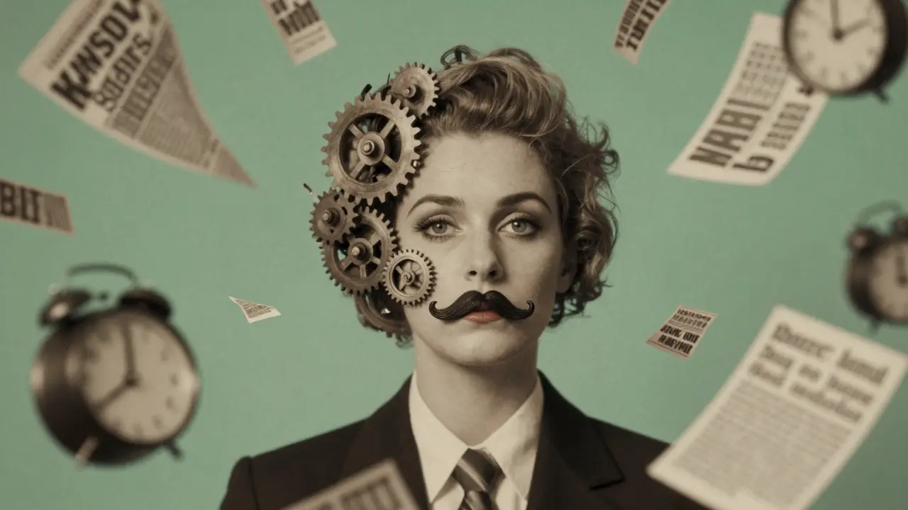 A fragmented photomontage of a woman’s face made from magazine cutouts and mechanical parts.