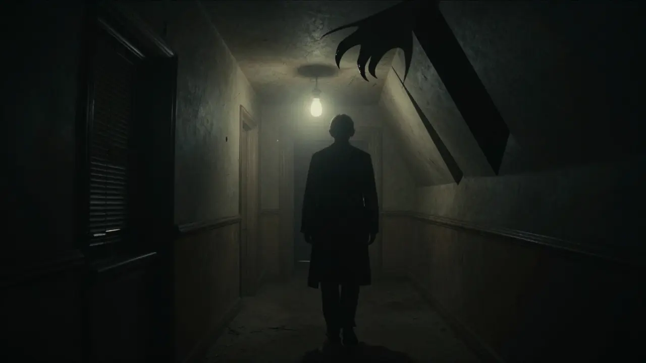 A lone figure walks down a tilted, shadow-filled hallway in a film-inspired Expressionist scene.