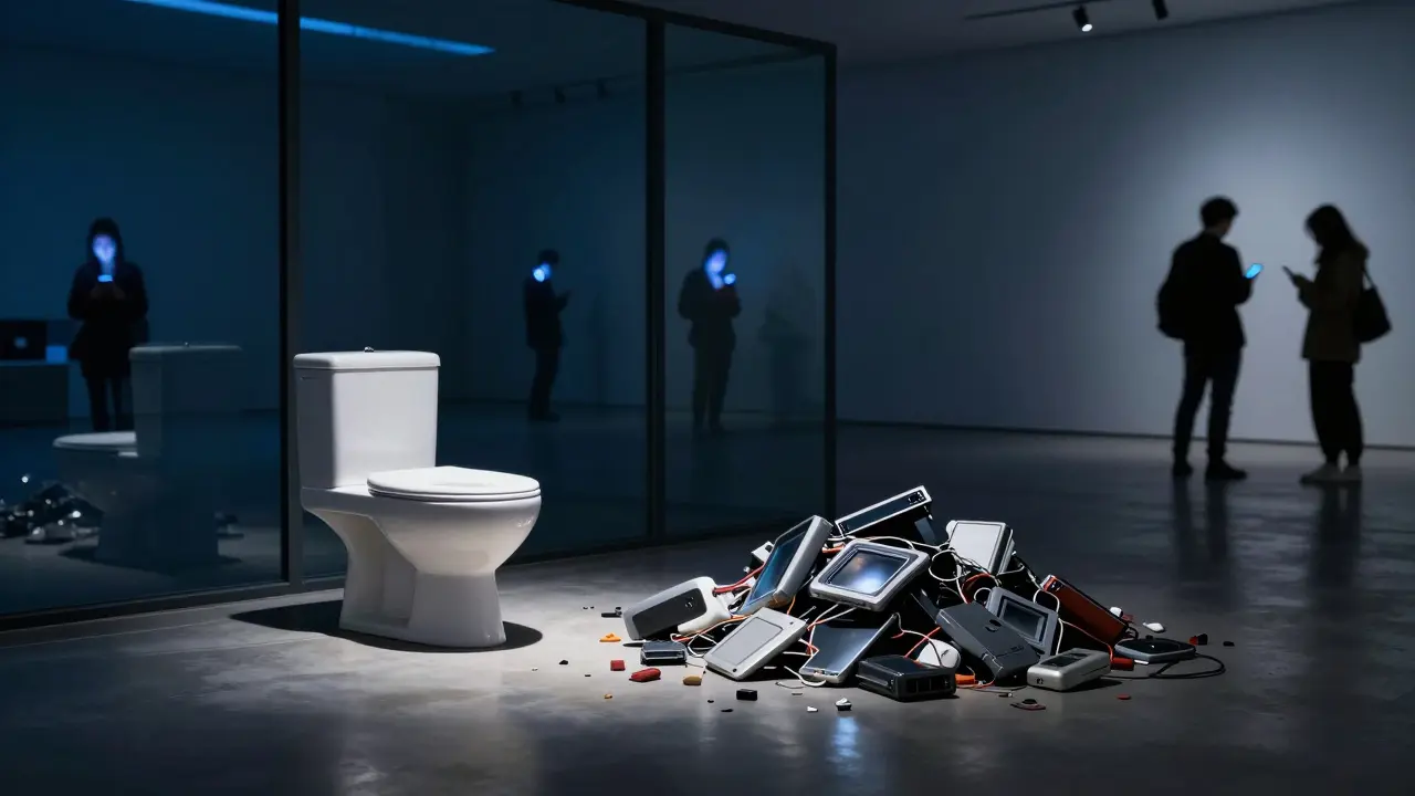 A modern museum display of broken electronics and a toilet under a spotlight, surrounded by indifferent viewers.