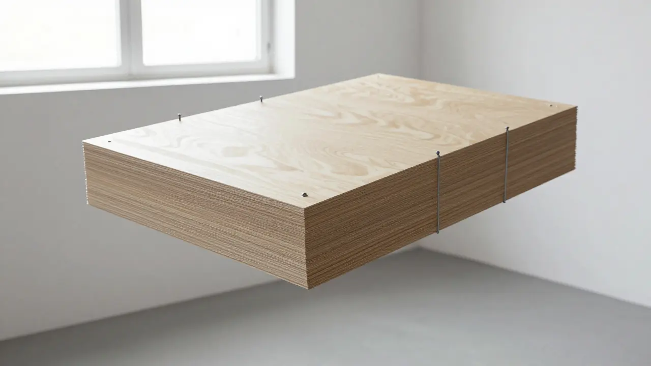 An unfinished stack of angular plywood panels suspended in mid-air, with visible metal fasteners and wire.