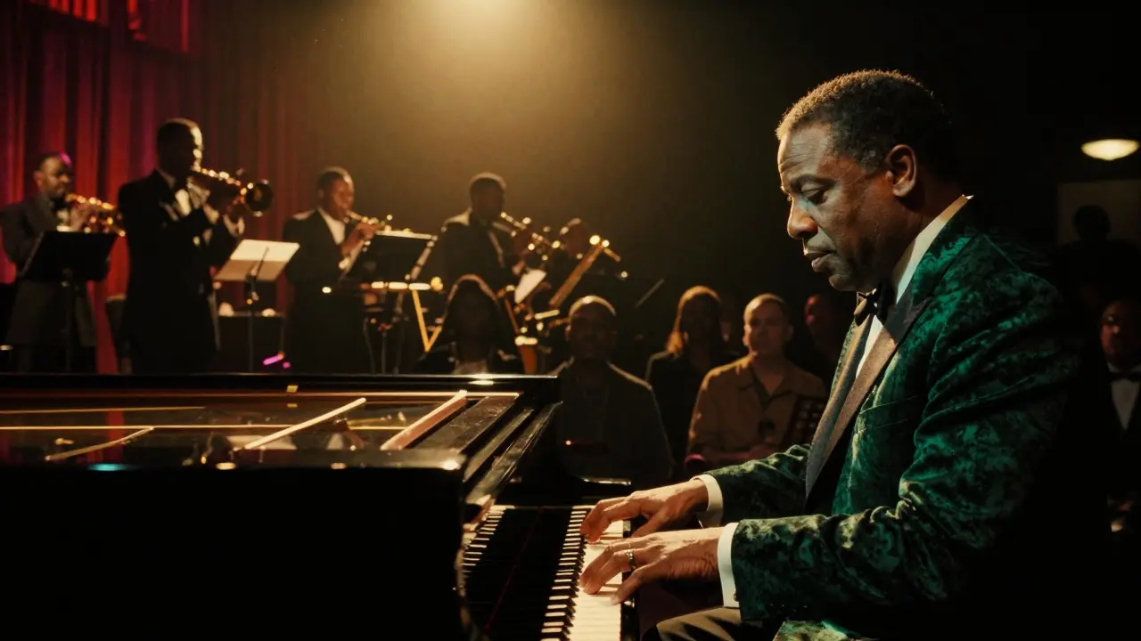 Duke Ellington performing at the Cotton Club under a spotlight, while segregated white patrons sit in shadow.