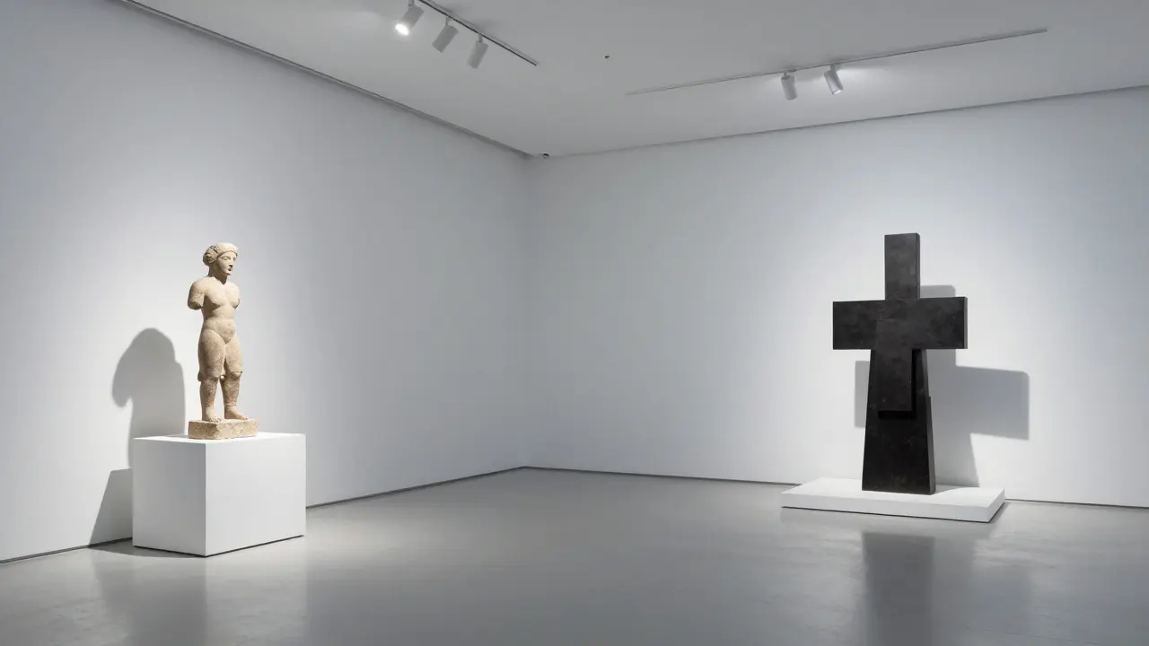 Modern museum exhibit showcasing ancient and contemporary artworks together.