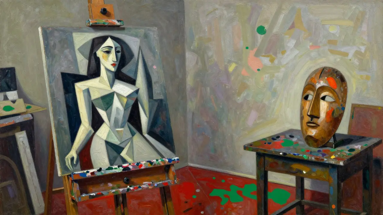 Painter working on abstract canvas with African mask on desk nearby.