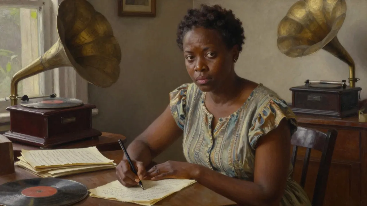 Zora Neale Hurston writing in a cozy study, surrounded by manuscripts and records, illuminated by lamplight.