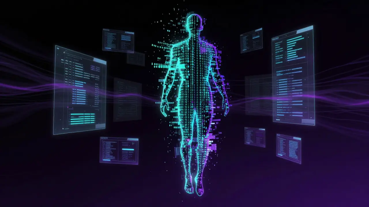 A digital silhouette of a person merging with holographic code and VR interfaces