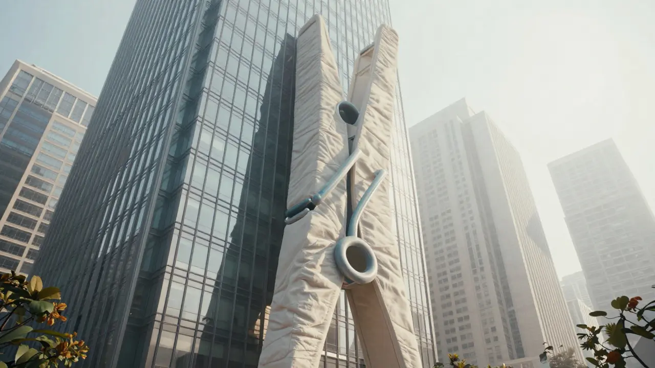 A massive soft sculpture of a clothespin leaning against a city skyscraper