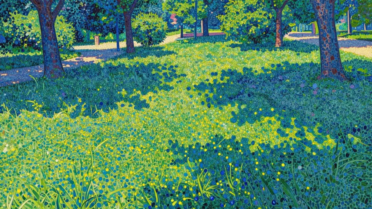 A park scene created entirely from tiny, shimmering dots of pure color using the Pointillism technique.