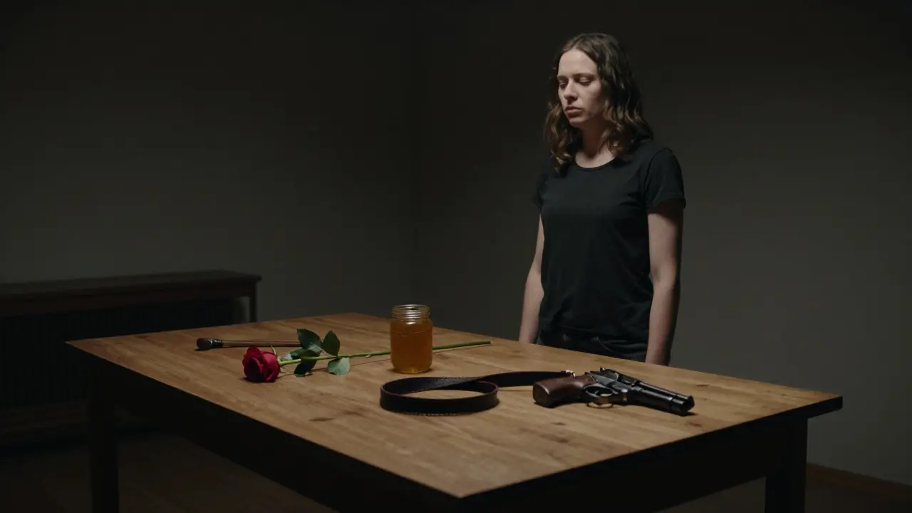 A performance artist standing next to a table of contrasting objects including a rose and a whip