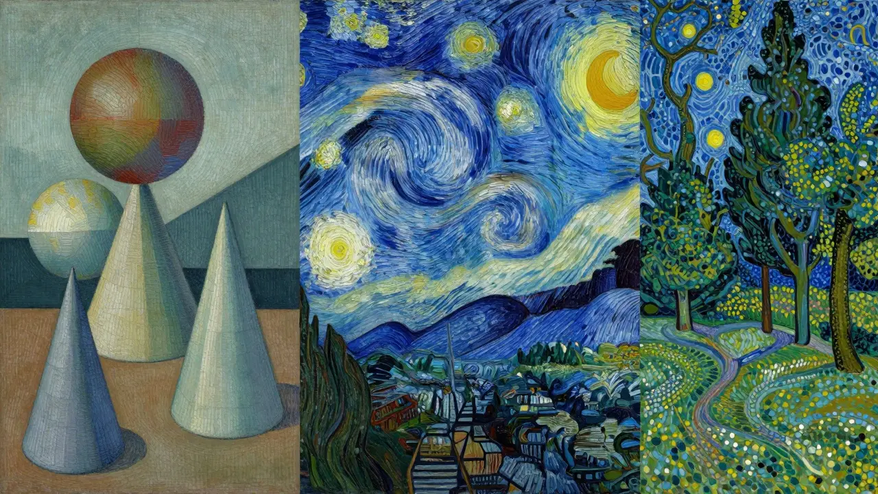 A three-part display of geometric planes, thick impasto paint swirls, and a dot-based Pointillist scene.