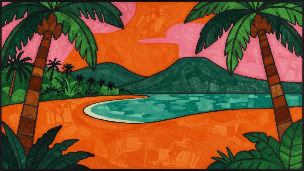 A tropical Tahitian scene with flat areas of bold color and dark outlines in a symbolic style.
