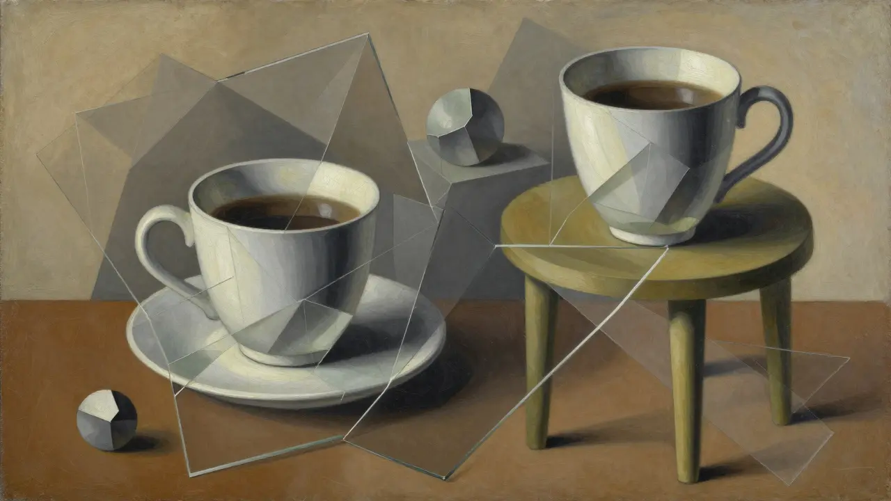 Analytical Cubist painting of a coffee cup using muted browns and overlapping geometric planes.