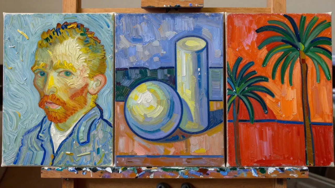 Close-up of three painting styles: thick impasto swirls, geometric shapes, and flat bold colors with outlines.