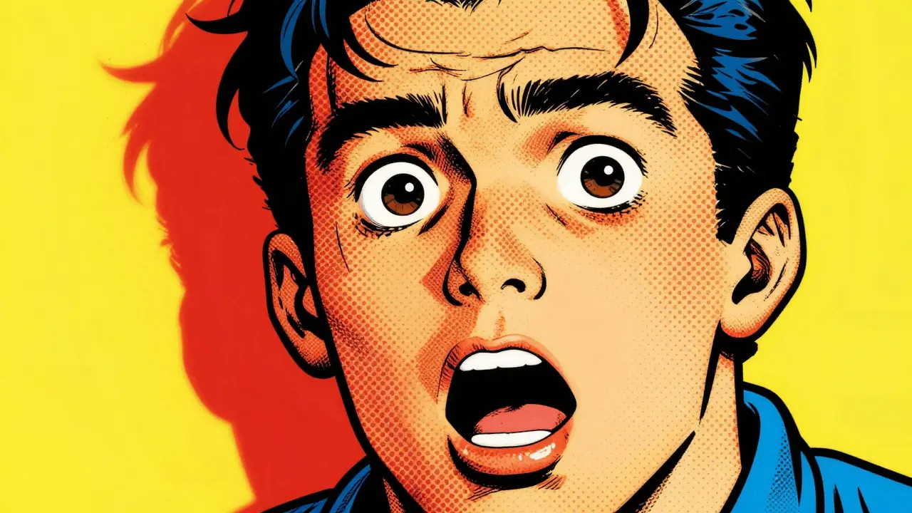 Comic book style illustration with Ben-Day dots and bold primary colors