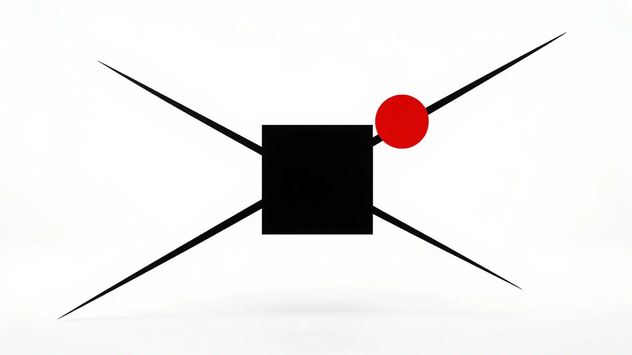 Floating black and red geometric shapes on an infinite white background