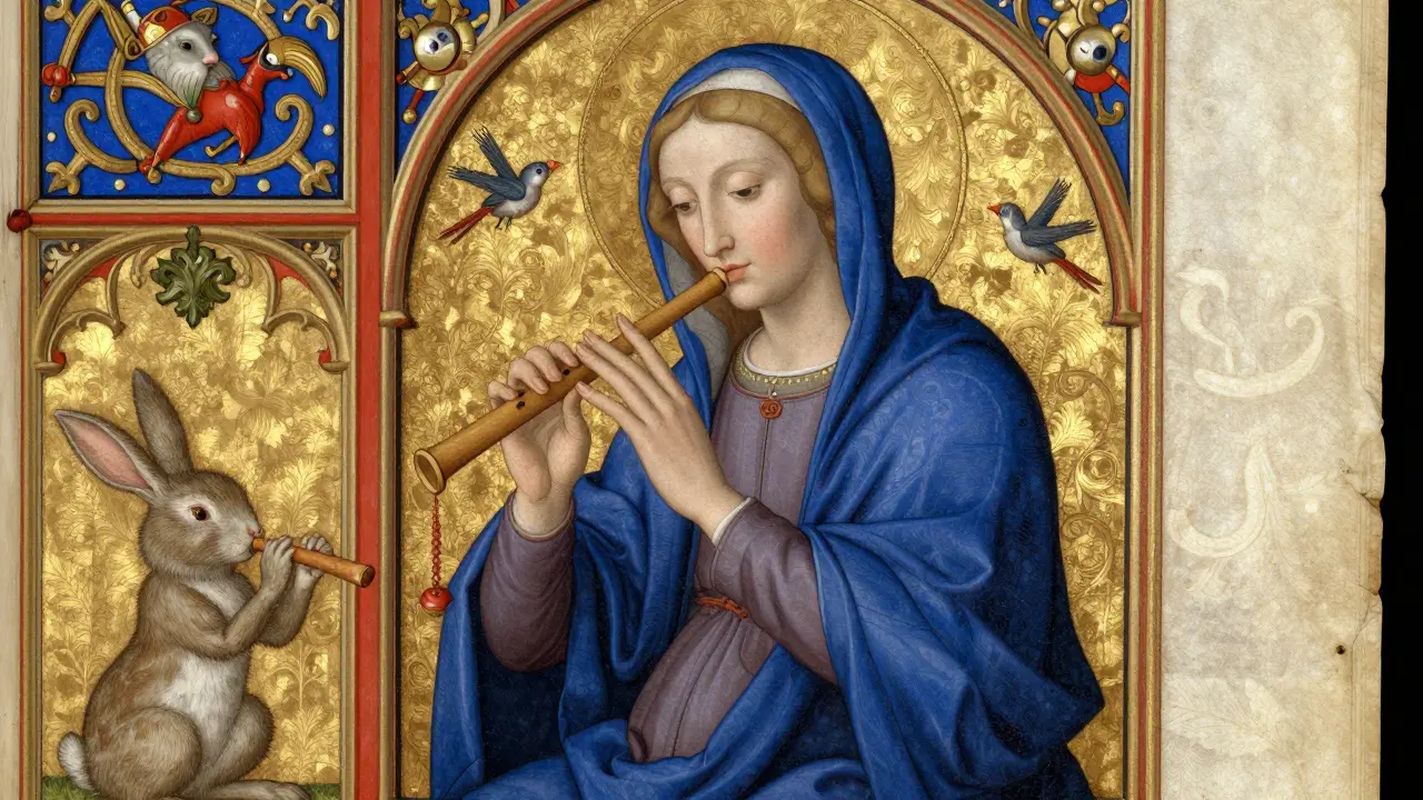 Medieval manuscript page with a religious figure and a small rabbit playing a flute in the margin.