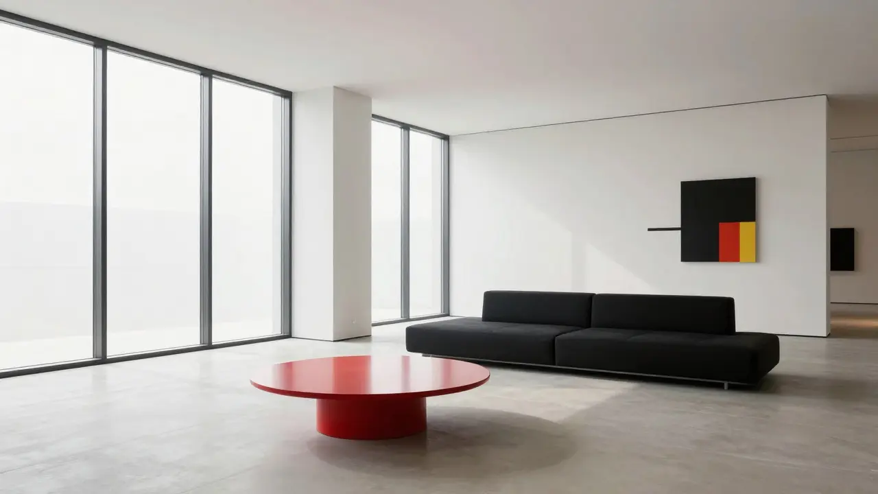 Modern minimalist interior design featuring geometric shapes and a clean aesthetic