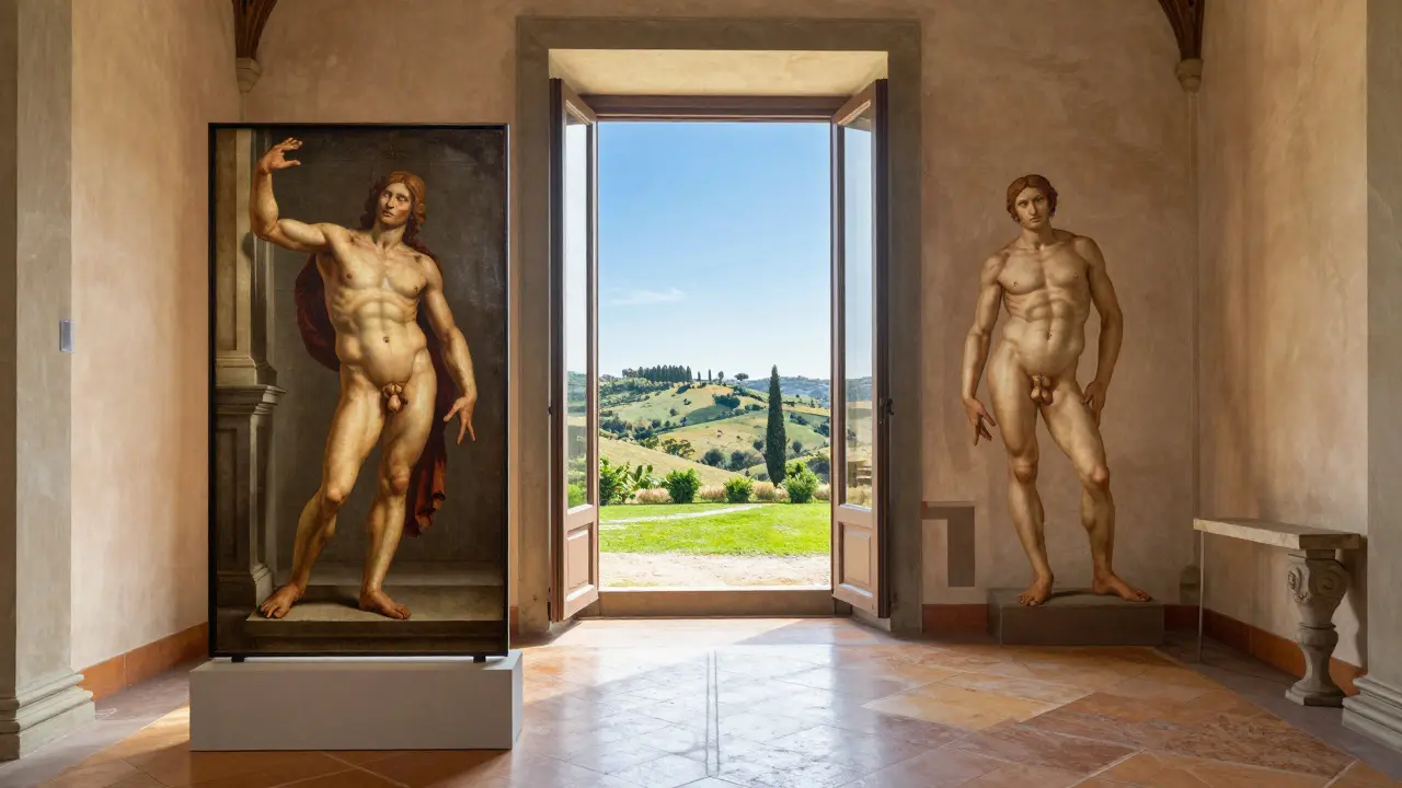 Renaissance painting with realistic human anatomy and linear perspective inside a bright Italian villa.