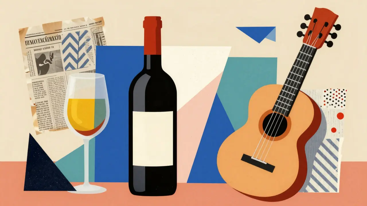 Synthetic Cubist collage of a wine bottle with bright colors and newspaper textures.