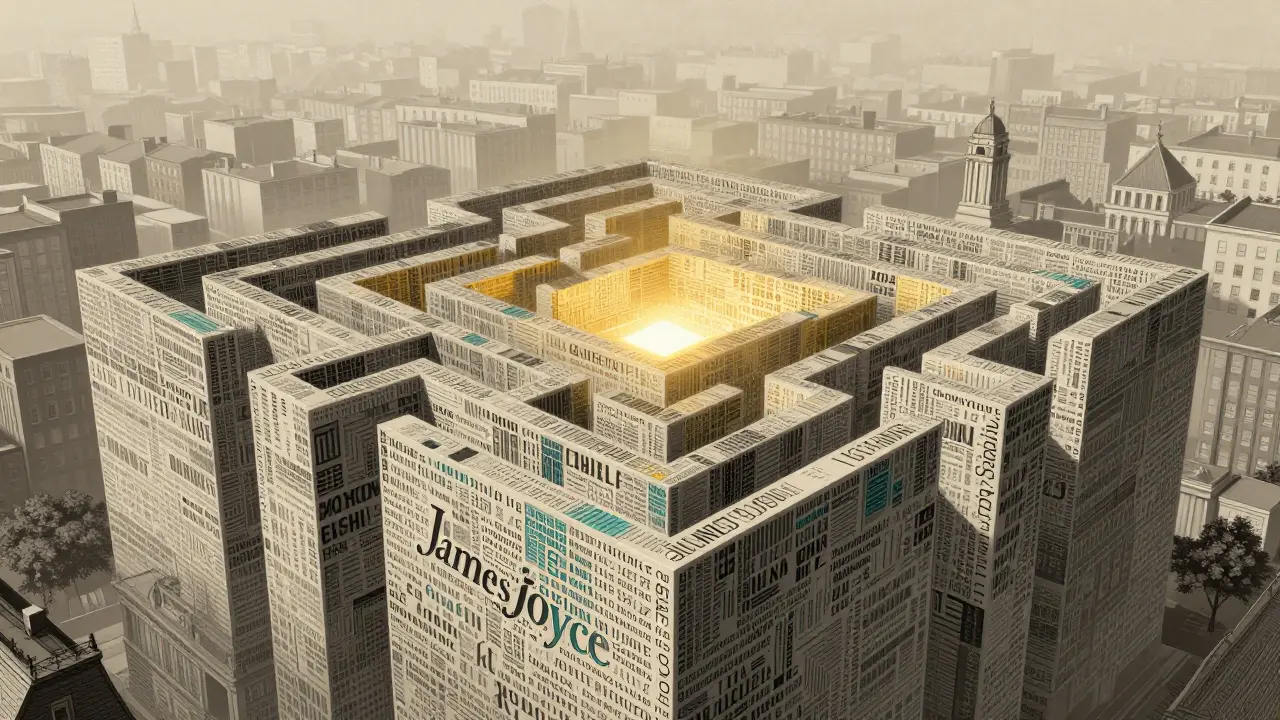 A complex maze made of words and letters forming a tower over a foggy city.