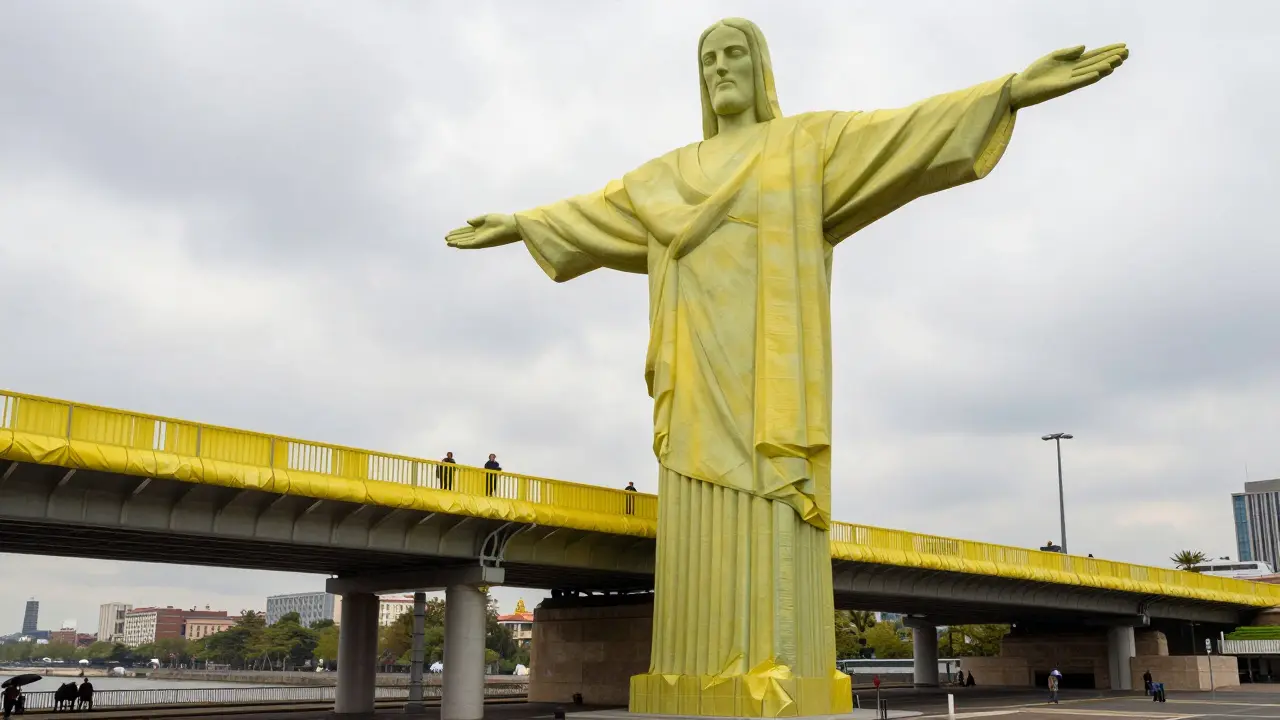 A large city bridge completely wrapped in yellow fabric for an art installation.
