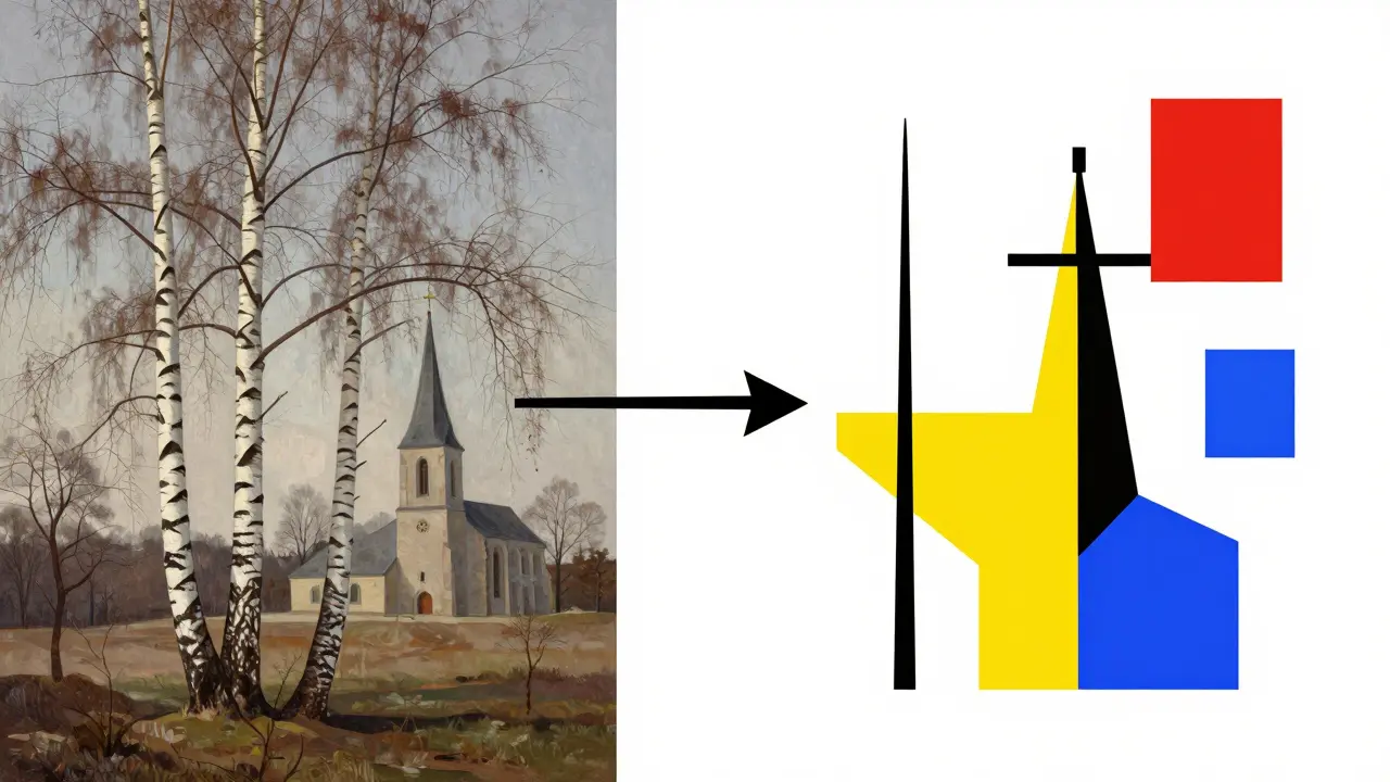 Abstract art transition from realistic trees to geometric primary color shapes