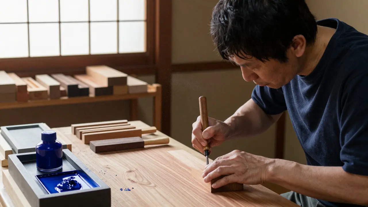 Artisans carving woodblocks and printing ukiyo-e images in a traditional Japanese studio.