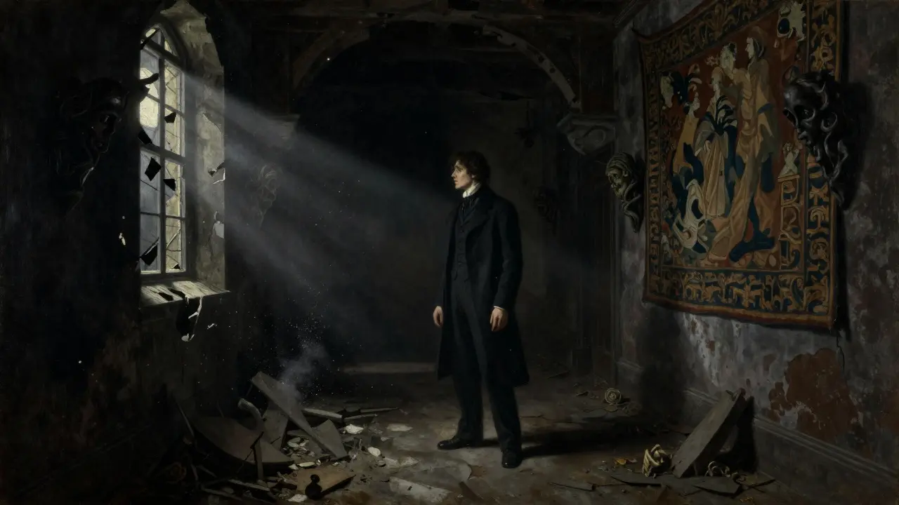 Brooding figure in shadowy, crumbling medieval castle corridor