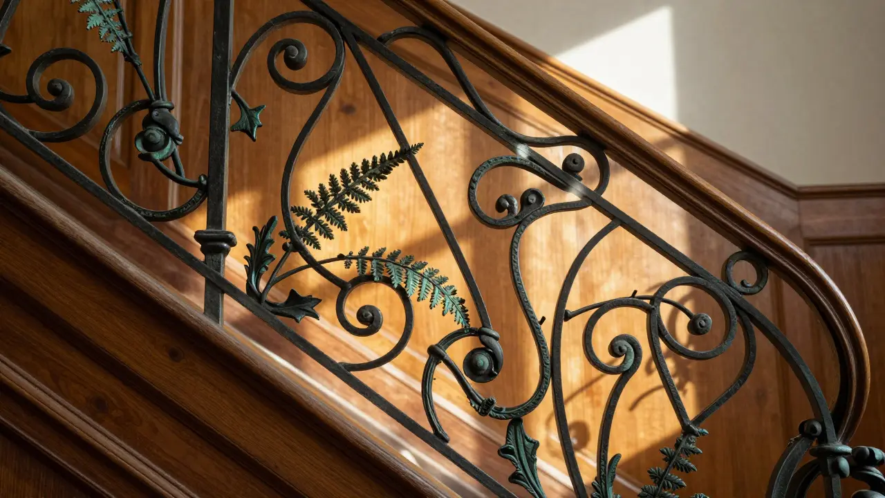 Close-up of twisting wrought iron Art Nouveau staircase railing with organic curves
