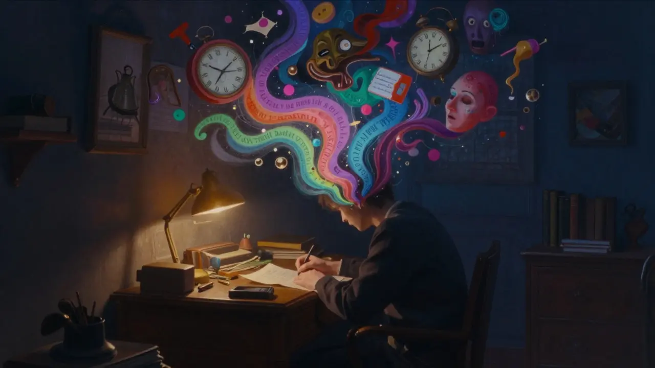 Dreamlike scene of thoughts swirling as colorful ribbons around a writer at a desk.
