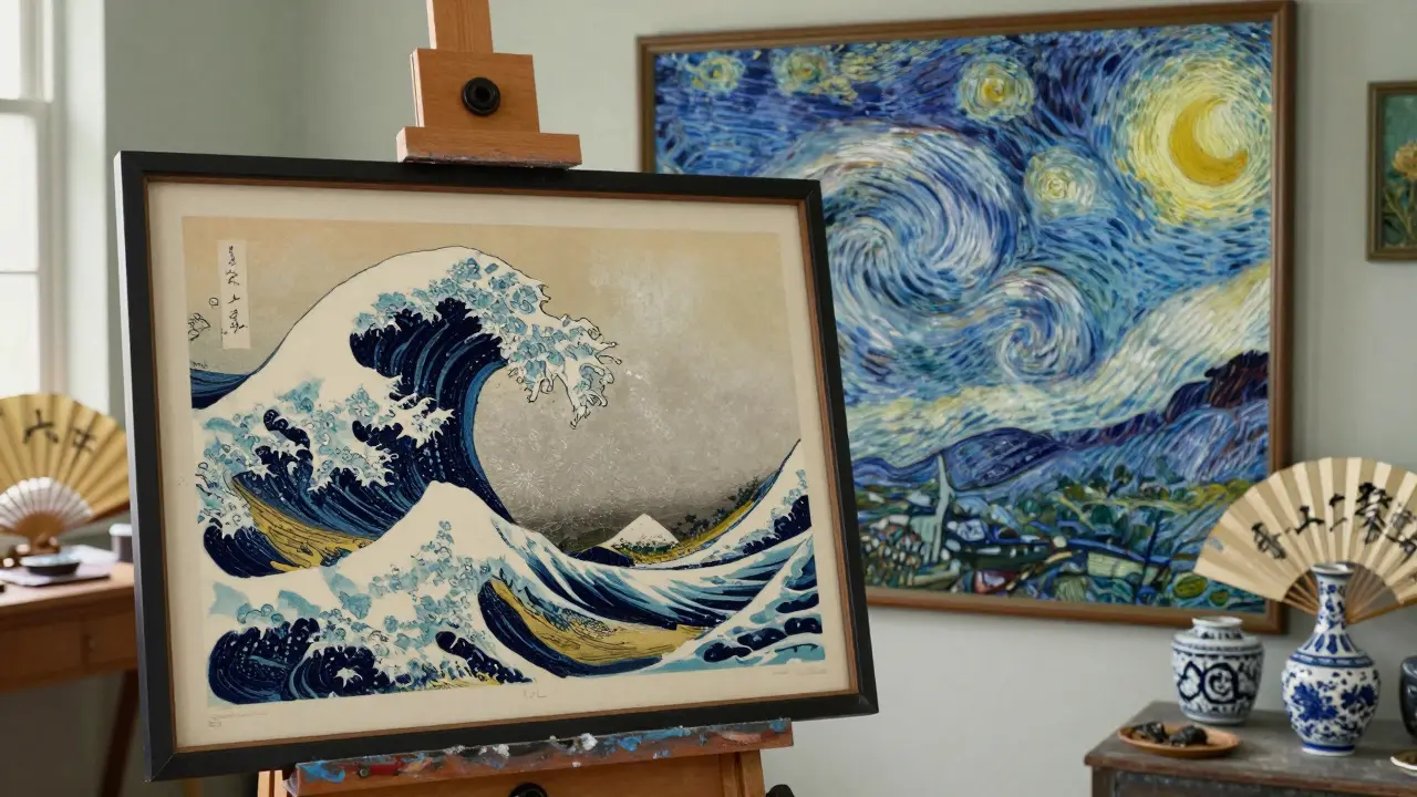 Hokusai's Great Wave print in a Paris studio, reflecting its influence on Western art.