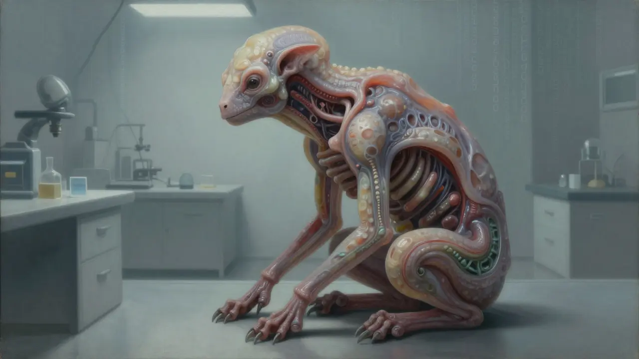 Hyper-realistic sculpture of a hybrid creature with unnatural biological features