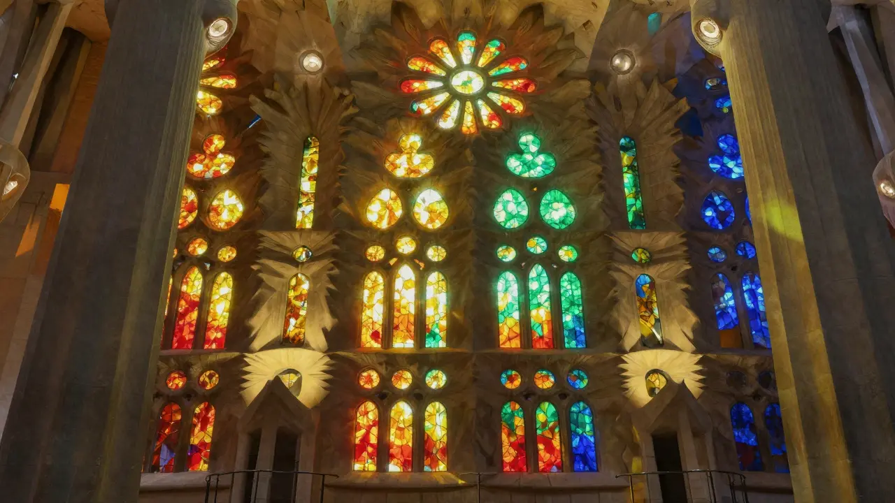 Interior of Gaudi's Sagrada Familia with tree-like columns and colorful stained glass
